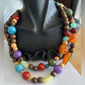Vintage Long Necklace beads glass wood mixing beads 32”